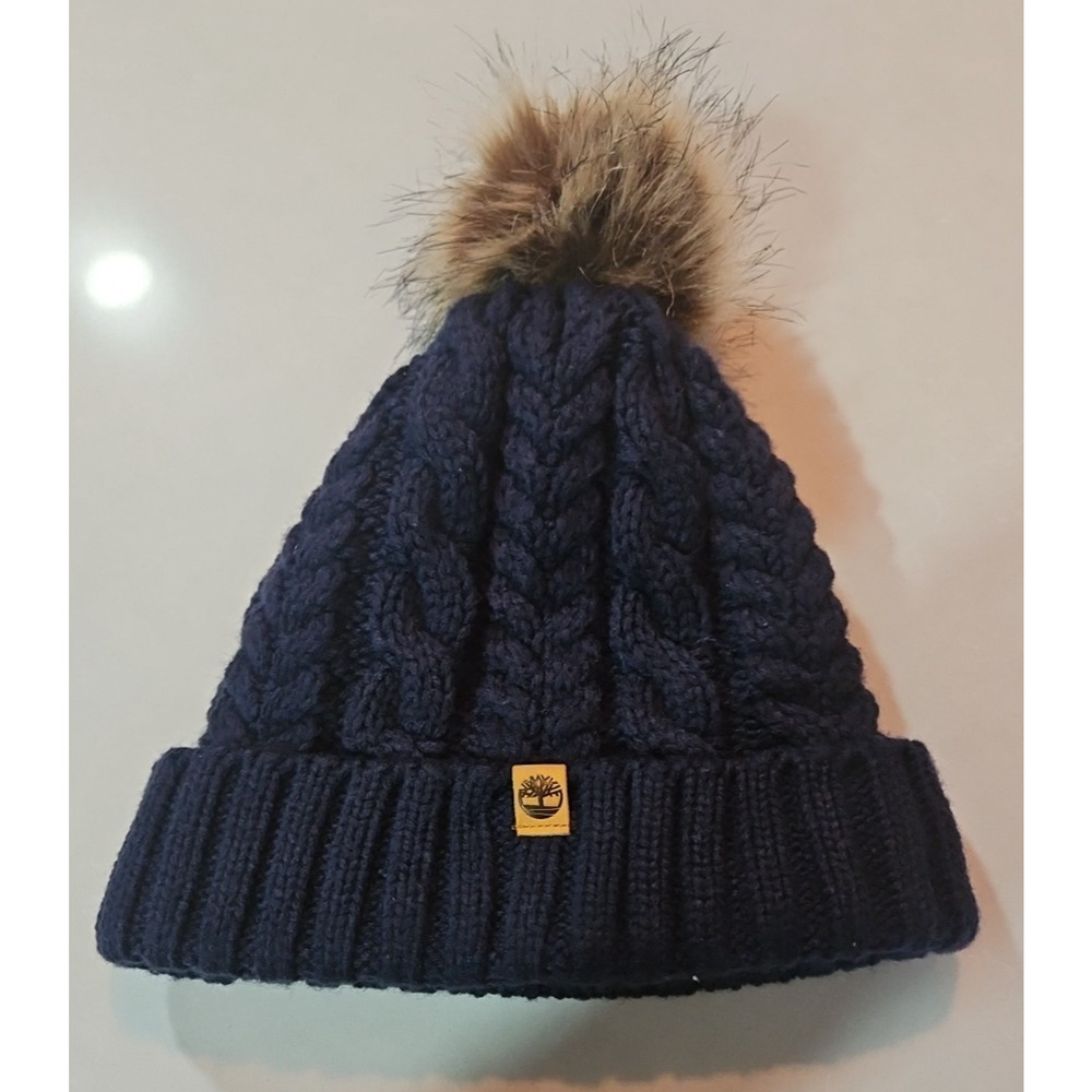 Timberland Cable Knit Beanie with Faux Fur Pom and lining